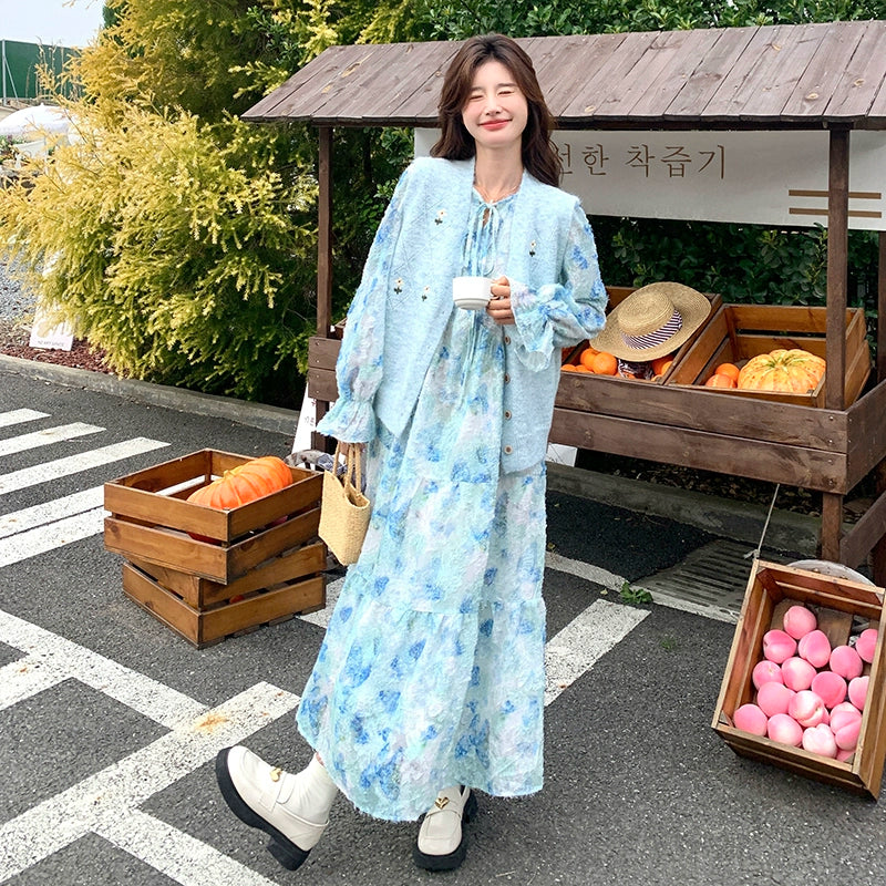 2点セット！【セットアップ】 ニットベスト×花柄 長袖ワンピース フレンチ風 リボン付き 若見えロング丈 セット【SHシリーズ】