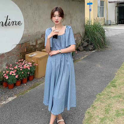 【ワンピース】夏 個性的で美しい スクエアネック 半袖ワンピース レディース 若見え リラックス感 ゆったりロングワンピース【SHシリーズ】