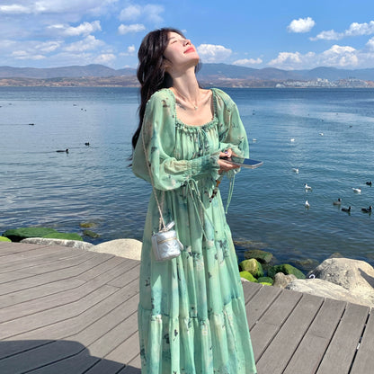 【ワンピース】超美 春夏秋 高級感 フリル付き プリント 長袖ワンピース【SHシリーズ】