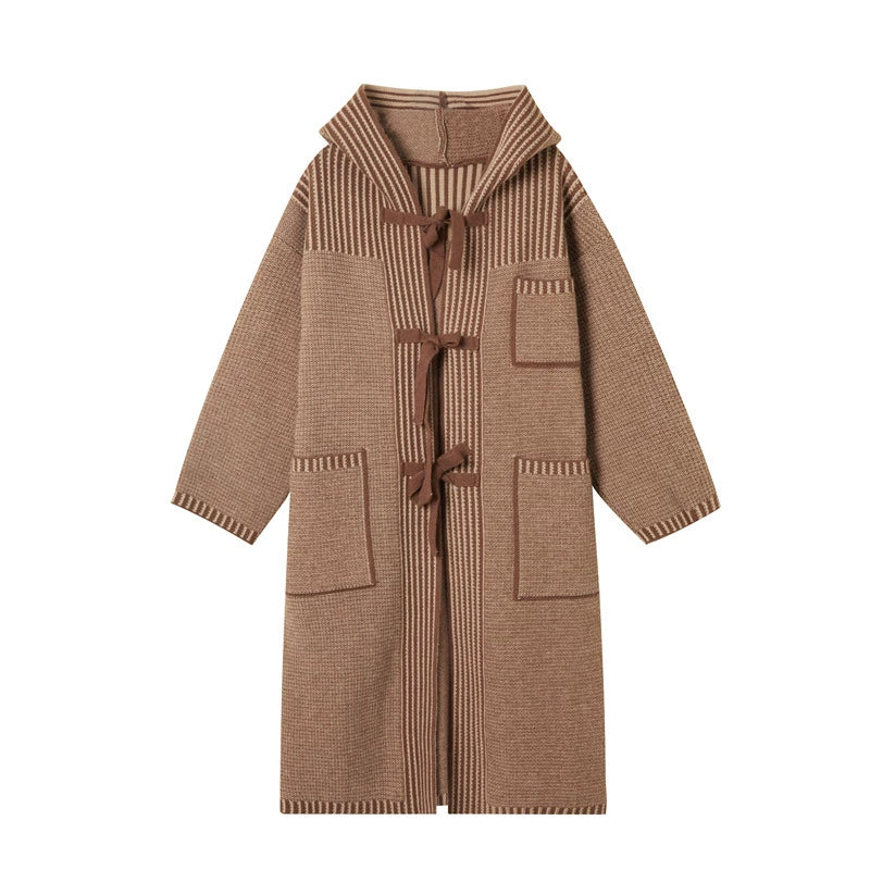 【アウター】🎀リボン結びで可愛く決まる！ロングニットコート レディース 冬新作 ゆったり 暖か デザイン感◎【JZシリーズ】