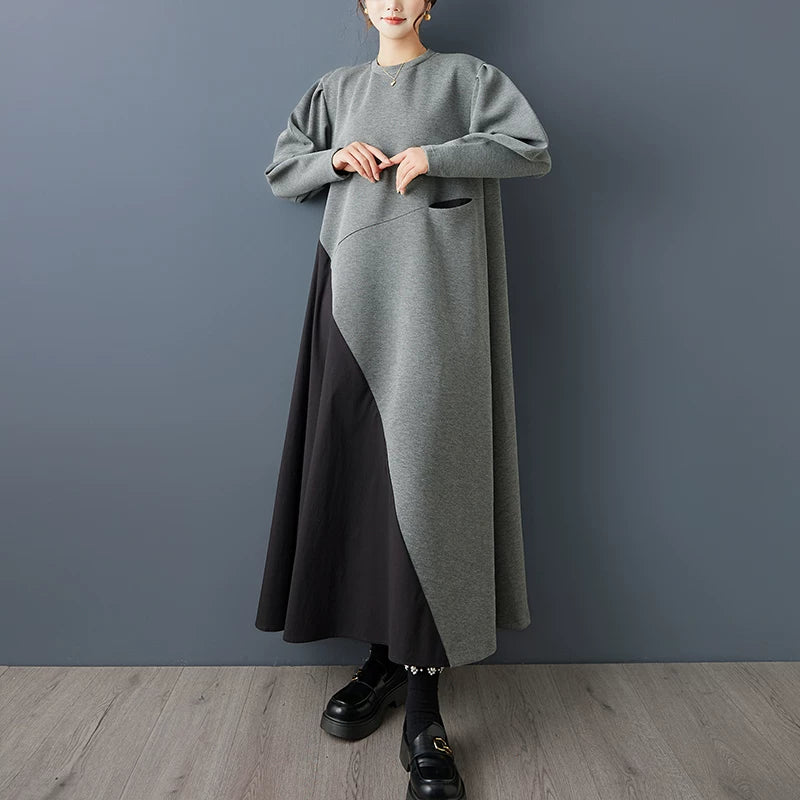 【60%OFF⭐️早い者勝ち】【ワンピース】ヴィンテージ カラーブロック 長袖 パフスリーブ ワンピース ファッションエレガンス ラグジュアリー ロングドレス【AHシリーズ】