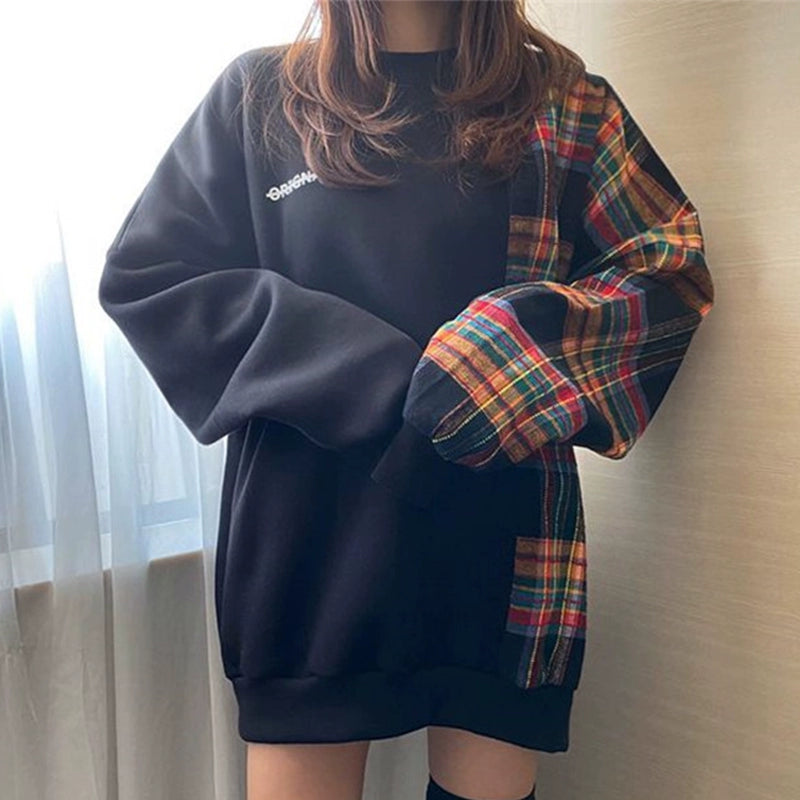 【トップス】秋冬 ラウンドネック チェック柄 パフスリーブ プルオーバー パーカー