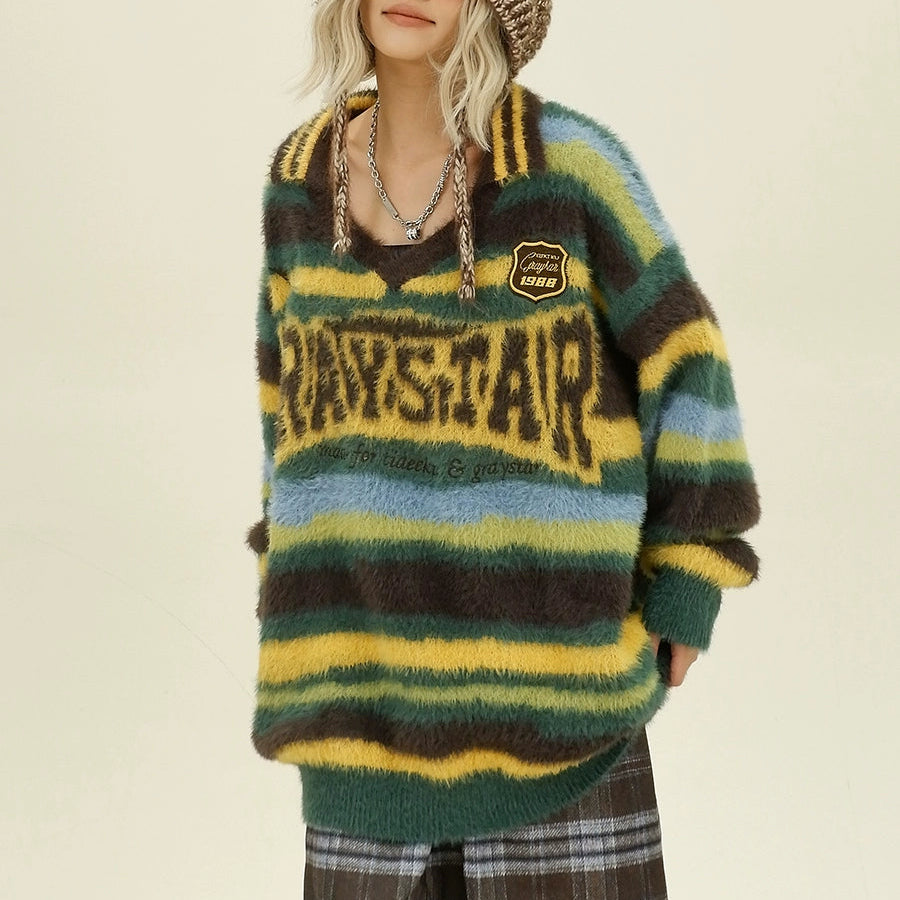 【トップス】アメリカンスタイル しま模様 ゆったり アルファベット ニットセーター【FCシリーズ】