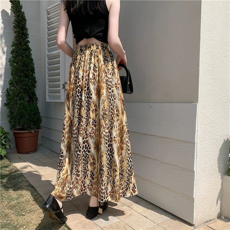 【ボトムス】レトロヒョウ柄スカート トレンド感 ゆったり フレアロングスカート 垂れ感シフォンAラインスカート【SHシリーズ】