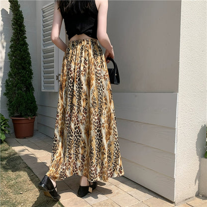 【ボトムス】レトロヒョウ柄スカート トレンド感 ゆったり フレアロングスカート 垂れ感シフォンAラインスカート【SHシリーズ】