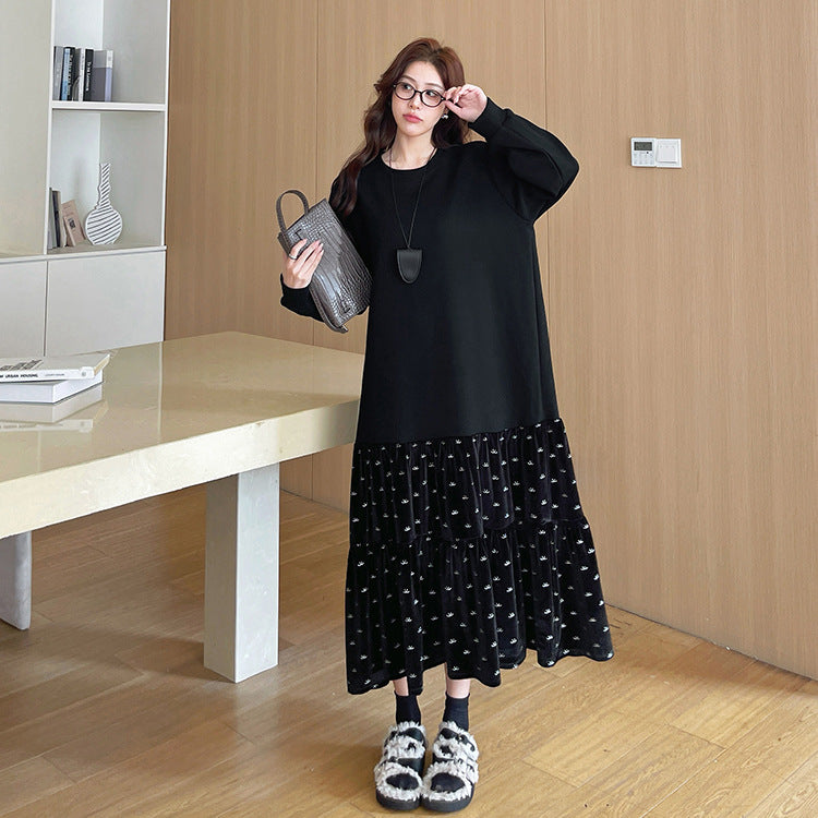 【ワンピース】秋冬 大きいサイズ ベロア切替Aラインスウェット長袖ワンピース ゆったり 洋服感アップ【JZシリーズ】