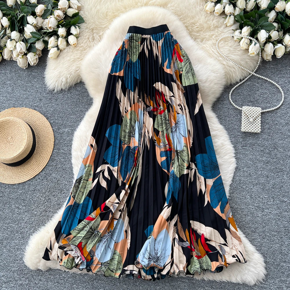 期間限定🍂60%OFF【ボトムス】レトロプリントプリーツAラインロングスカート レディース 夏新作 ハイウエスト ウエストゴム 落ち感 フレア 通勤【SHシリーズ】