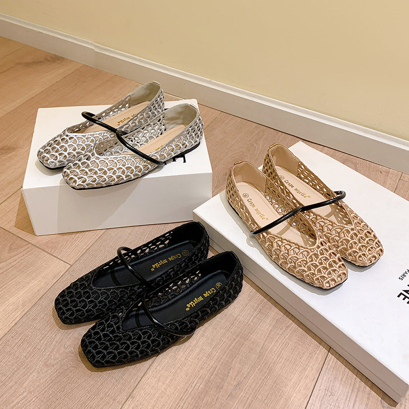 【シューズ】編み込みデザイン スクエアトゥ ワンストラップ バレエシューズ サンダル