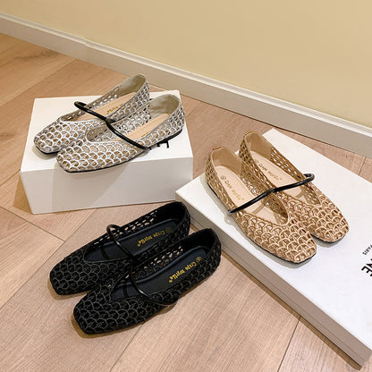 【シューズ】編み込みデザイン スクエアトゥ ワンストラップ バレエシューズ サンダル