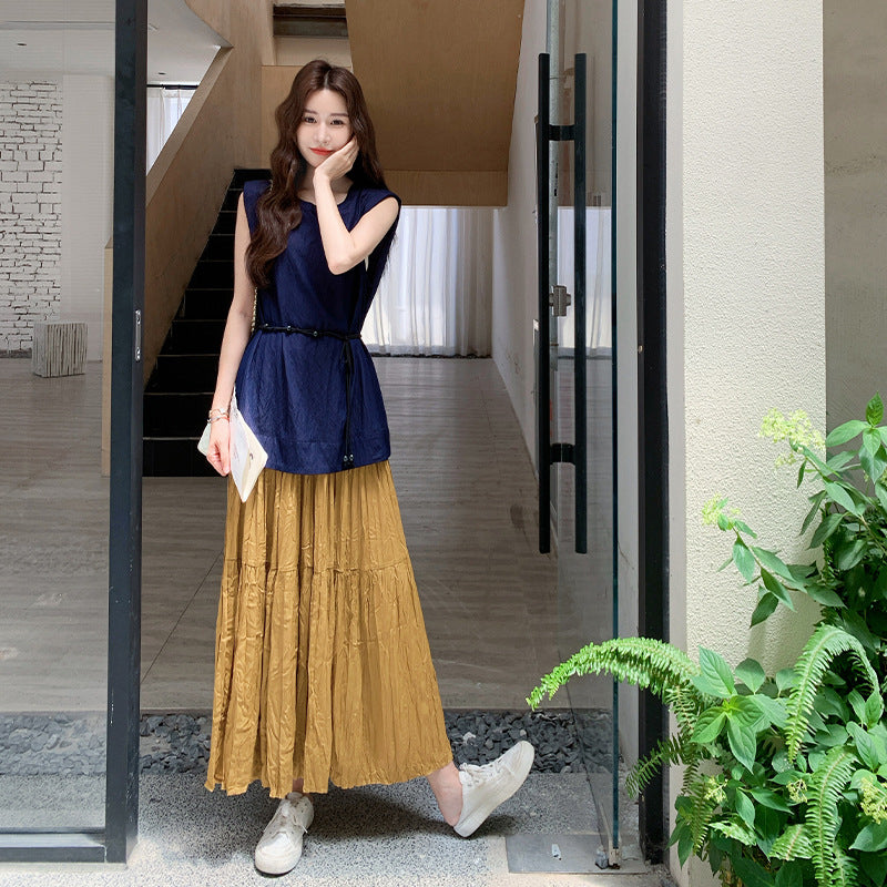 2点セット！【セットアップ】ラウンドネックカジュアルノースリーブブラウス＋ハイウエスト細見えAラインスカート上下セット【JZシリーズ】