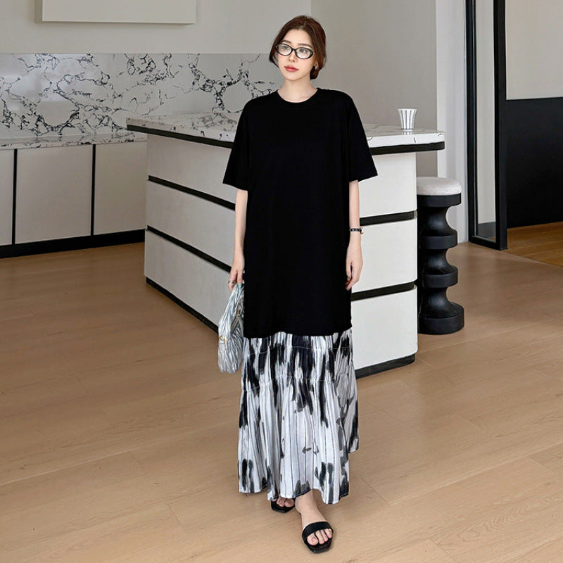 【ワンピース】夏 大きいサイズ レディース 水墨染め フレアスカート 半袖 ワンピース ゆったりサイズ【SHシリーズ】