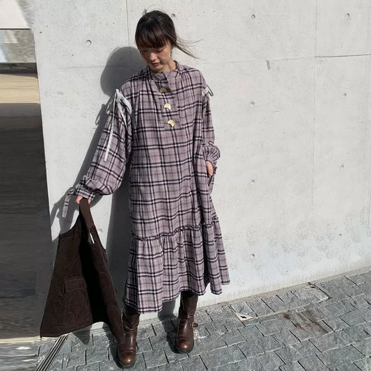 【ワンピース】レトロ風 パープルチェック リボンデザイン フリル切り替え 長袖 ワンピース 【SHシリーズ】