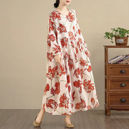 【60%OFF⭐️早い者勝ち】【ワンピース】レディース 長袖ワンピース リネンコットン ミディアム丈 大きめ フレア 花柄 フリル デザイン【SHシリーズ】