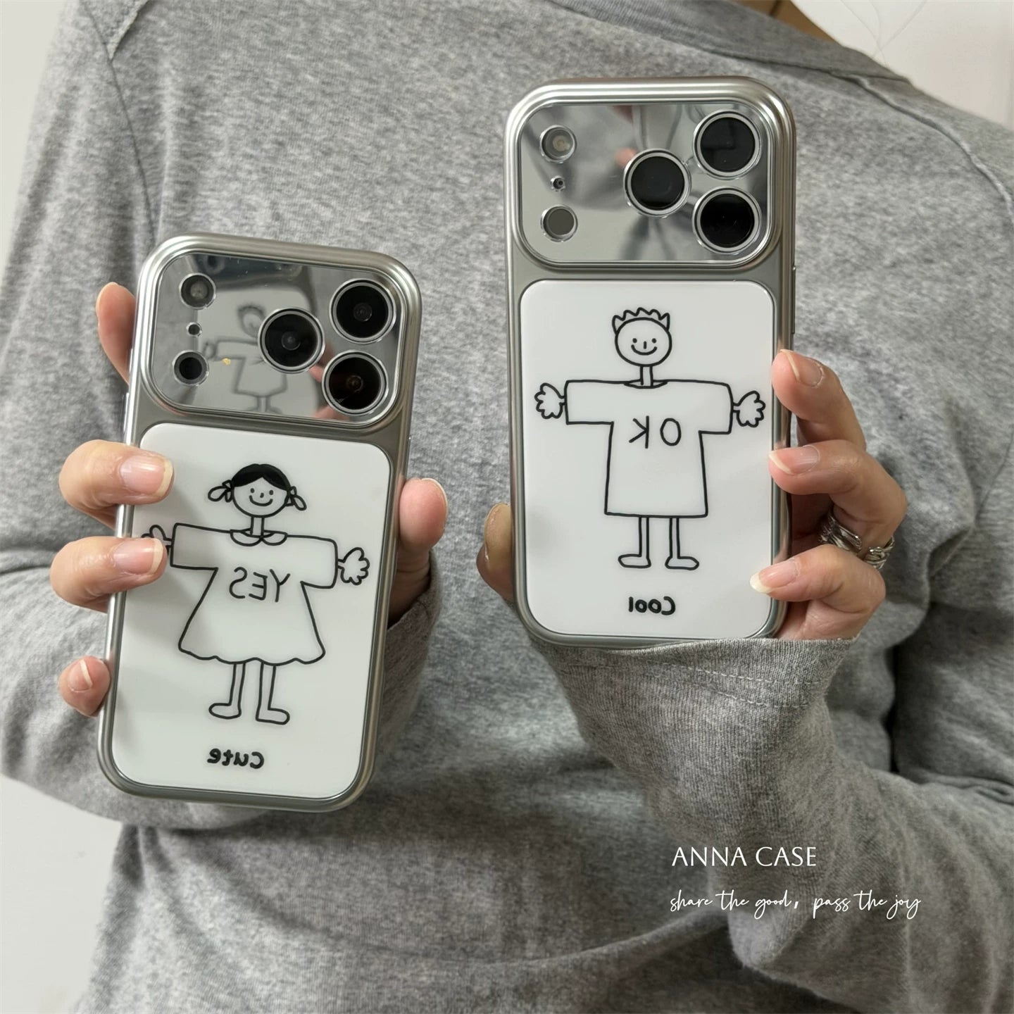 【グッズ】ins風 シンプル ガール / ボーイ 大窓 iPhone17 Pro Max対応 iPhone17 / 16 Pro Max / 16 / 15 Pro / 14対応 電鍍 全面保護 耐衝撃 カップル向け ソフトケース