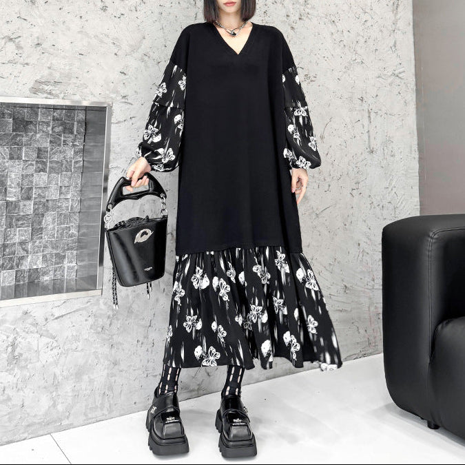 【ワンピース】おしゃれ フェイクレイヤード 切り替えVネックニット 長袖ワンピース ゆったりデザイン Aライン【AHシリーズ】