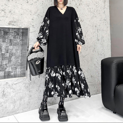 【ワンピース】おしゃれ フェイクレイヤード 切り替えVネックニット 長袖ワンピース ゆったりデザイン Aライン【AHシリーズ】