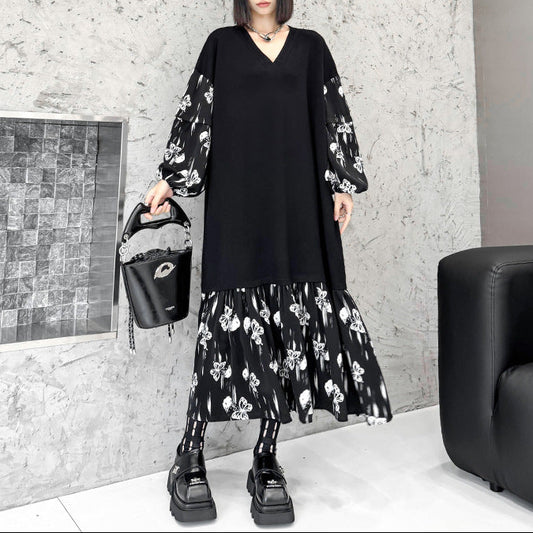 【ワンピース】おしゃれ フェイクレイヤード 切り替えVネックニット 長袖ワンピース ゆったりデザイン Aライン【AHシリーズ】