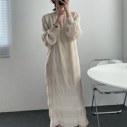 【24AW】【ワンピース】プリーツ ランタン袖 シフォン ラウンドネック 気質 ドレス 長袖ワンピース