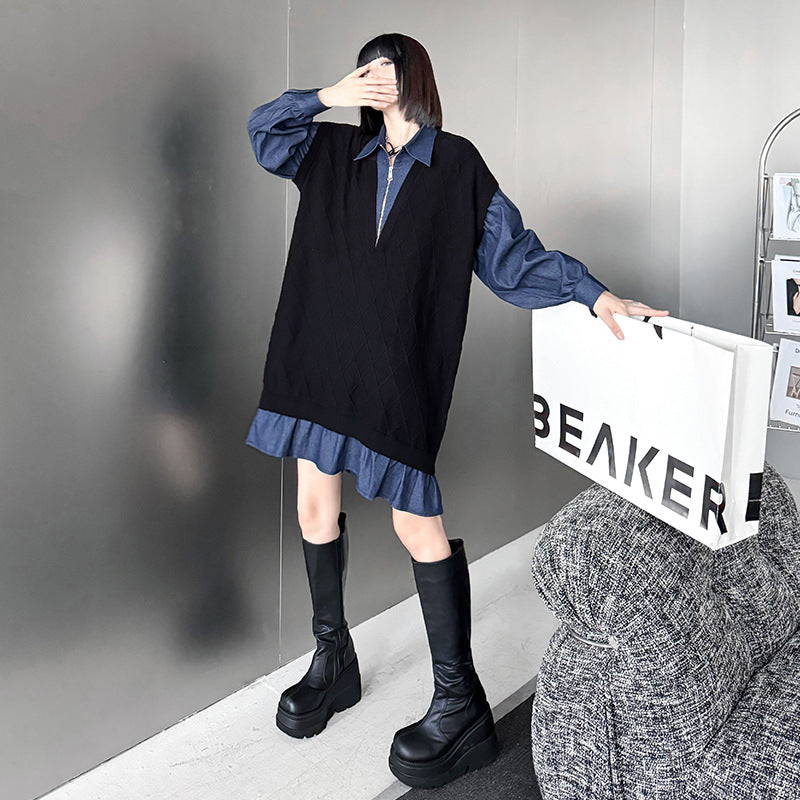 【ワンピース】デニム切り替えニットワンピース レディース 秋冬新作 ゆったりシルエット カジュアル長袖セーター ワンピース【AHシリーズ】