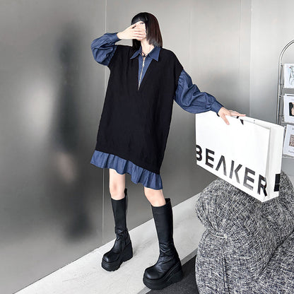 【ワンピース】デニム切り替えニットワンピース レディース 秋冬新作 ゆったりシルエット カジュアル長袖セーター ワンピース【AHシリーズ】