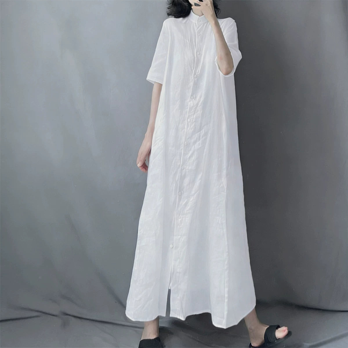 【ワンピース】シャツワンピース レディース 春夏 襟付き ロングワンピース 半袖 ゆったりシルエット【JZシリーズ】