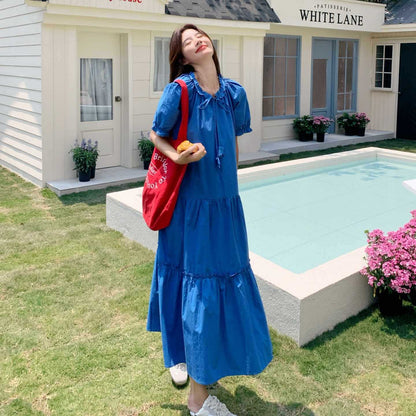 【ワンピース】高級感 パフスリーブ 夏 韓国風 ゆったり 細見え 半袖ワンピース