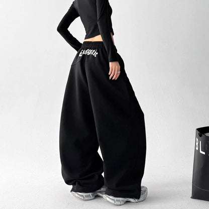 【ボトムス】ハイウエスト 刺繍入り スポーツパンツ レディース 春秋 ゆったり ワイド【FCシリーズ】