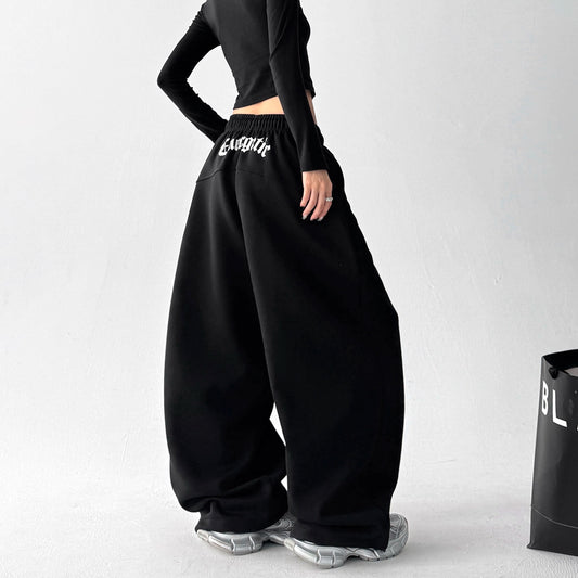 【ボトムス】ハイウエスト 刺繍入り スポーツパンツ レディース 春秋 ゆったり ワイド【FCシリーズ】