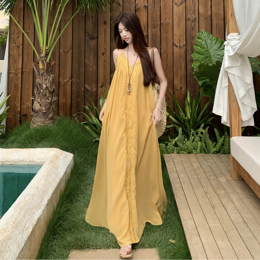 【ワンピース】ボヘミアン風 イエロー キャミソールワンピース レディース 夏 Vネック ノースリーブ ロングワンピース ゆったり 体型カバー 細見え リゾート【SHシリーズ】