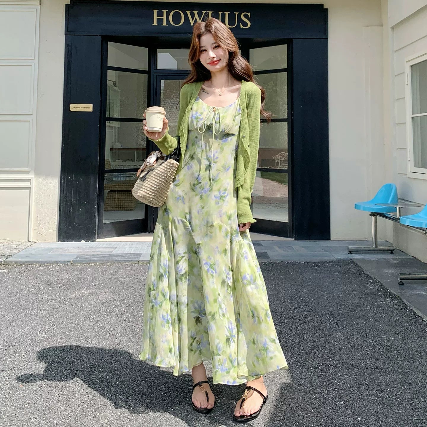 【セットアップ】森ガール風 花柄キャミワンピース＋シフォンカーディガン セット レディース 夏 ロングワンピース UV対策 リゾート【SHシリーズ】