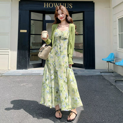 【セットアップ】森ガール風 花柄キャミワンピース＋シフォンカーディガン セット レディース 夏 ロングワンピース UV対策 リゾート【SHシリーズ】