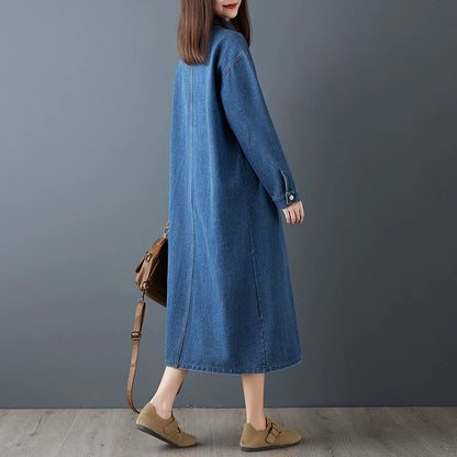 【ワンピース】春新作 シンプル レトロ 長袖 シャツワンピース ストレートシルエット 細見え ロング丈 デニムワンピース レディース【JZシリーズ】