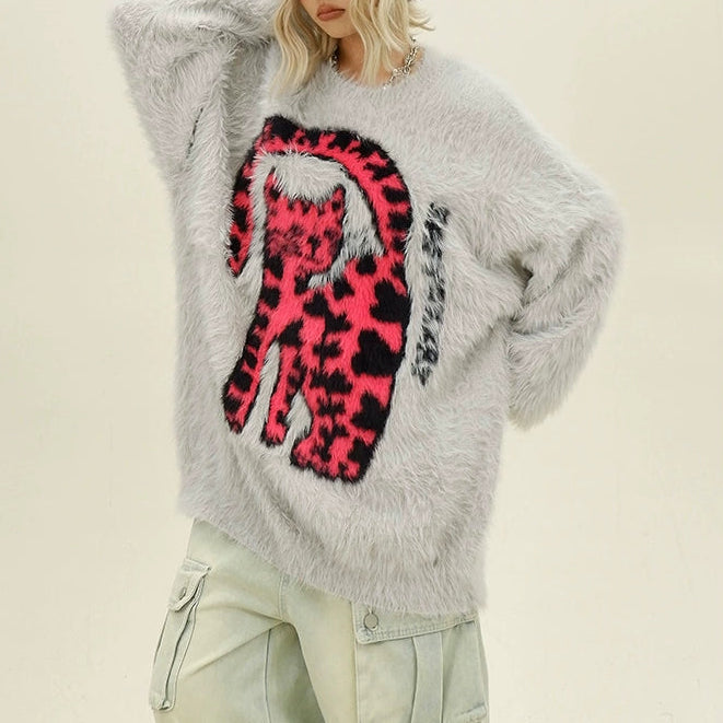 1/30~2/1⭐️期間限定 60%OFF ！🏆 売れ筋No.1【トップス】ユニセックス対応 レトロ 豹柄 猫 ゆったり ラウンドネック ネコ柄 ニットセーター【FCシリーズ】