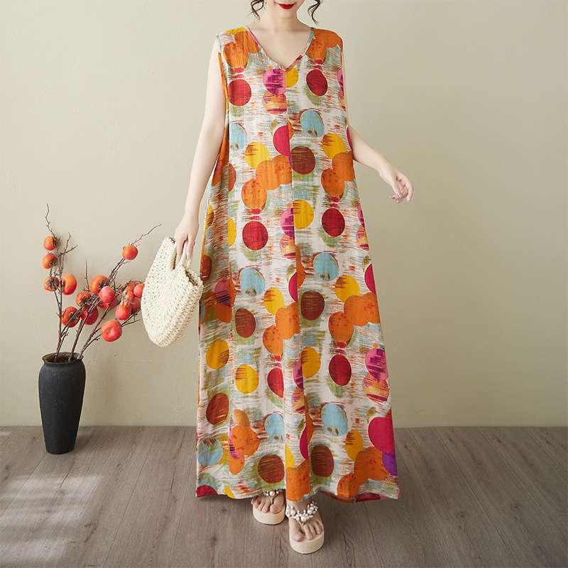 【ワンピース】夏 韓国風 大きいサイズ 綿麻Vネック ノースリーブワンピース【SHシリーズ】