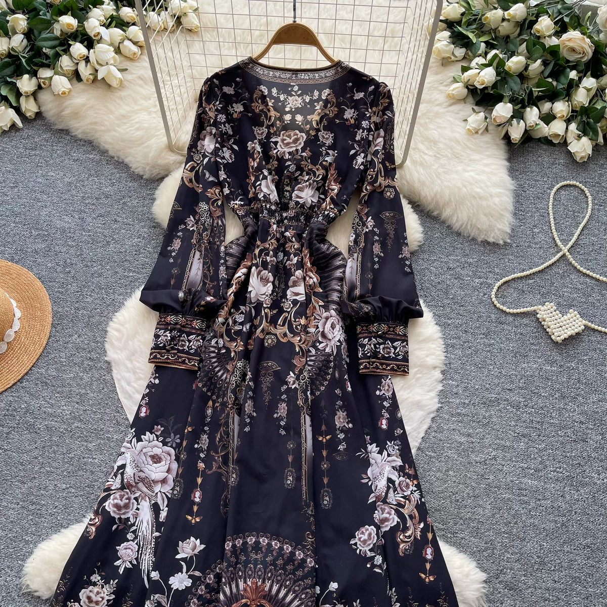 【ワンピース】クラシカル花柄ロングワンピース レディース 秋新作 Vネック 長袖 ウエストマーク フレンチ風【SHシリーズ】