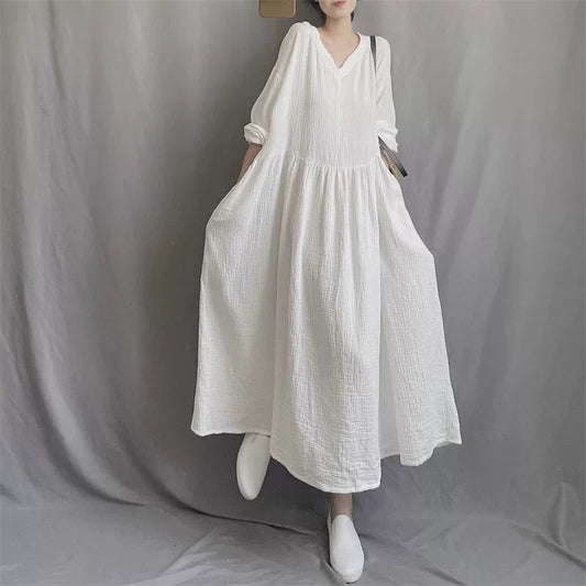 【ワンピース】森ガール風 ナチュラル 長袖ワンピース ゆったり 大きめシルエット フレアロングワンピ 体型カバー【JZシリーズ】