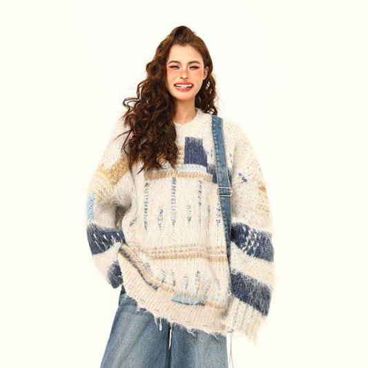 【トップス】秋冬新作 モヘアニット レディース 美式ヴィンテージ ゆったり抜け感 不規則デザインセーター【FCシリーズ】