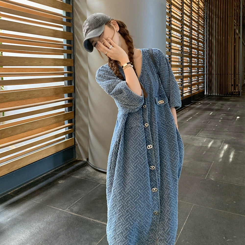 【ワンピース】夏 リラックス感 Vネック デニム半袖ワンピース 薄手 レディース ゆったりカジュアルロング丈【JZシリーズ】