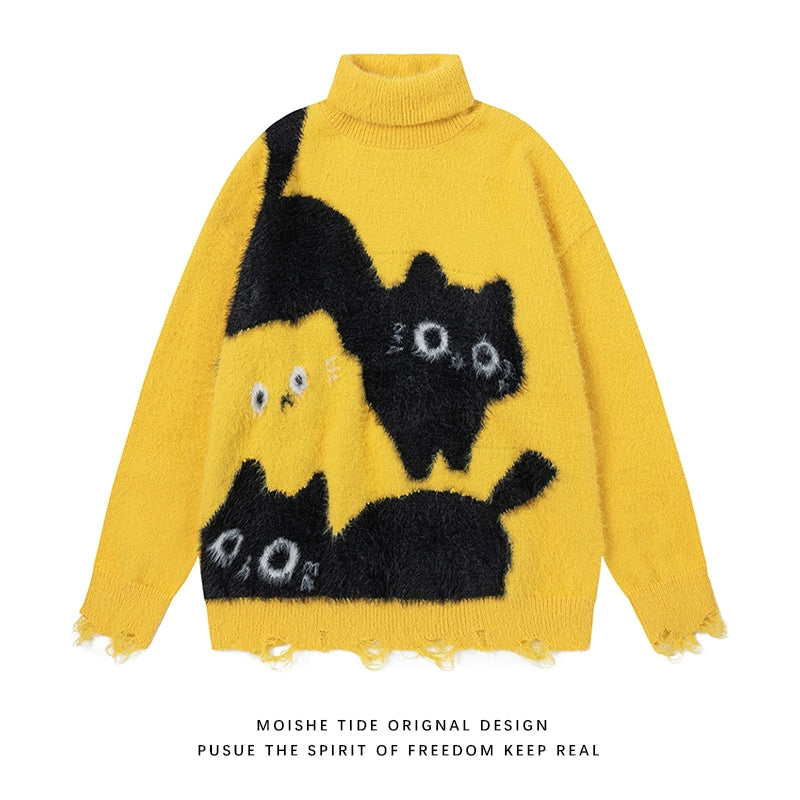 【トップス】秋冬 ねこ柄 破れ風 ダメージニット レトロ かわいい ゆったり 男女兼用 セーター【FCシリーズ】