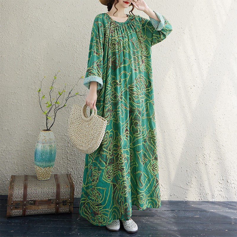 期間限定🍂60%OFF【ワンピース】リゾート風ギャザーワンピース レディース 秋新作 長袖 ロング丈 クルーネック ゆったり ナチュラル【SHシリーズ】
