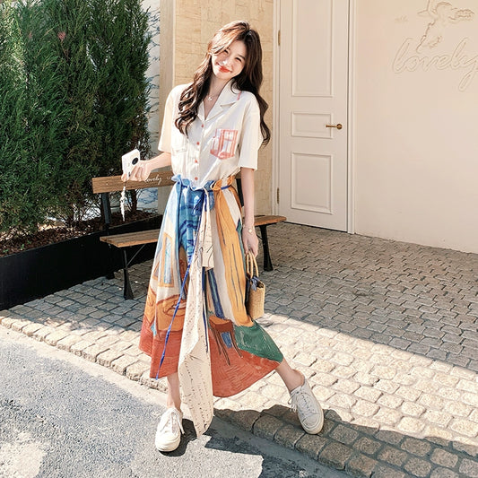 2点セット！【セットアップ】夏 ルーツ感のあるシャツ＋油絵プリント ミディスカート 上下セット【SHシリーズ】