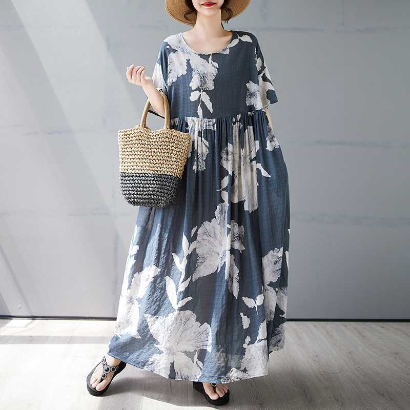 【ワンピース】夏 プリント 花柄 ゆるリラックス ラウンドネック 半袖 ワンピース 【SHシリーズ】