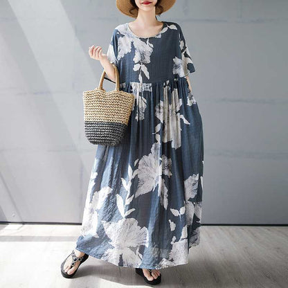 【ワンピース】夏 プリント 花柄 ゆるリラックス ラウンドネック 半袖 ワンピース 【SHシリーズ】