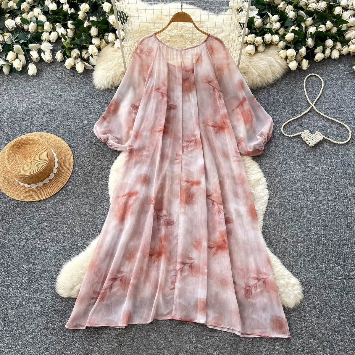 【ワンピース】大人上品フレンチワンピース レディース 夏新作 花柄 長袖 ロング丈 ゆったり きれいめ【SHシリーズ】