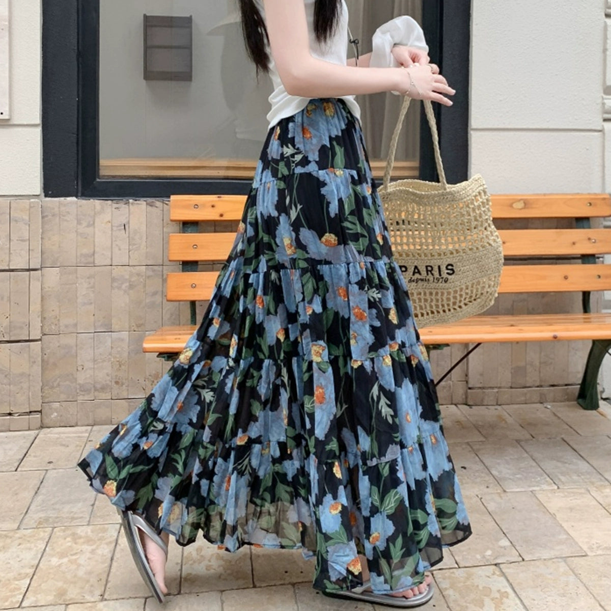 【ボトムス】夏 ヒップカバー ハイウエスト Aライン フラワープリント シフォンスカート【SHシリーズ】