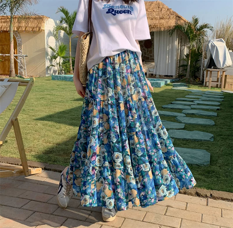 【ボトムス】ボヘミアン風 フレンチ油絵 プリント 大振裾 スカート 【SHシリーズ】