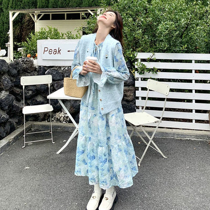 2点セット！【セットアップ】 ニットベスト×花柄 長袖ワンピース フレンチ風 リボン付き 若見えロング丈 セット【SHシリーズ】