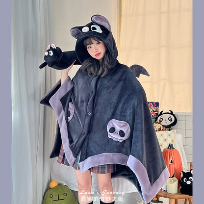 【ハロウィン】コウモリ エアコン毛布 サンゴフリース 昼寝用 ケープ フード付き パジャマ 可愛い レディース