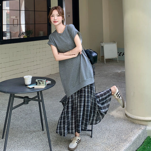 【ワンピース】夏新作 チェック切り替え風 フェイクレイヤード スリム見え 半袖ワンピース【SHシリーズ】