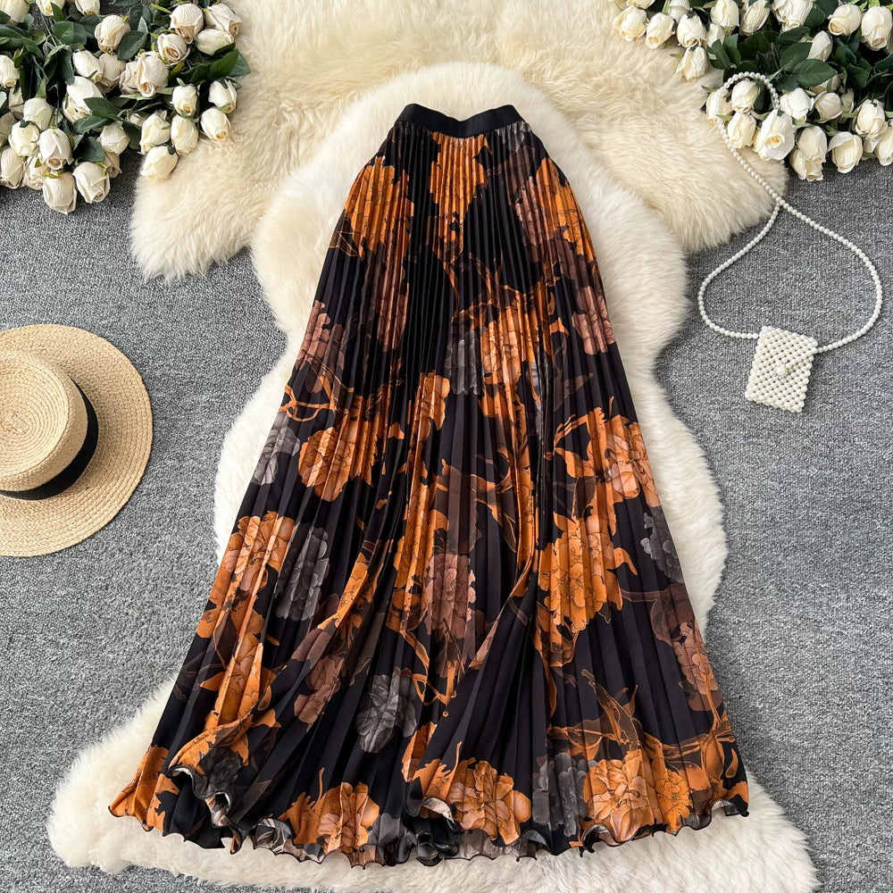 期間限定🍂60%OFF【ボトムス】レトロプリントAラインプリーツロングスカート レディース ハイウエスト 個性派デザイン きれいめ 通勤 大人っぽい【SHシリーズ】